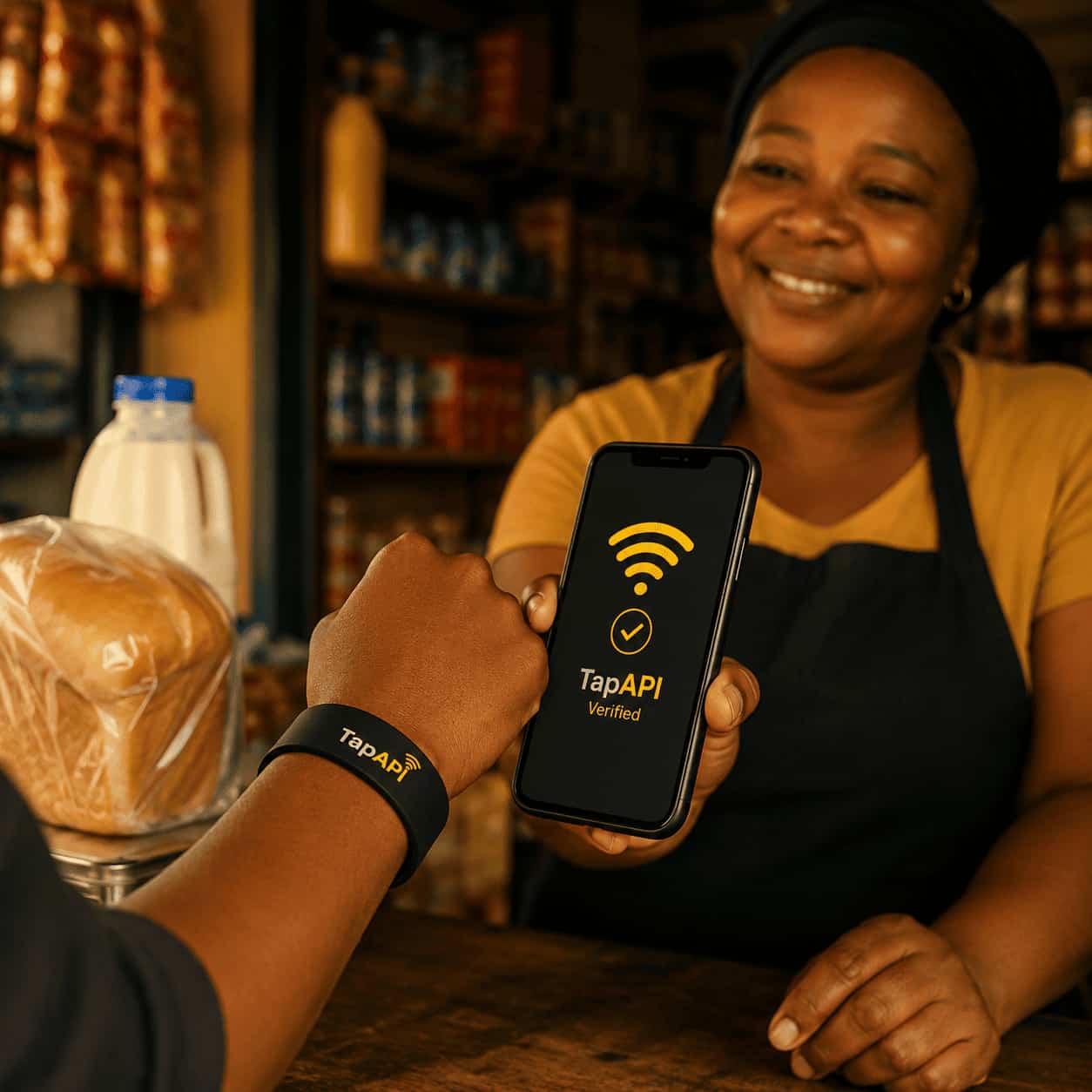 Wristband tapping a phone at a spaza shop counter — TapAPI verified