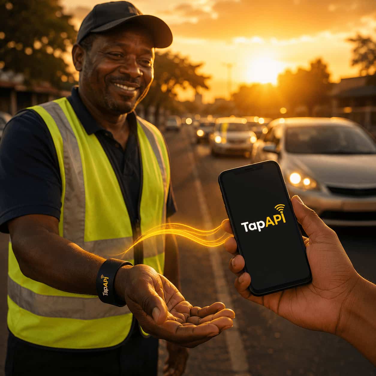 Car guard receiving a TapAPI payment at sunset
