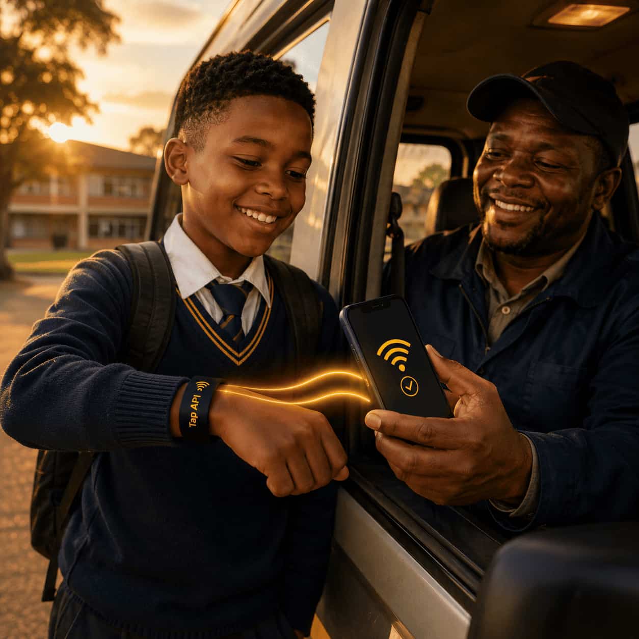 Scholar tapping his wristband on the transport driver's phone