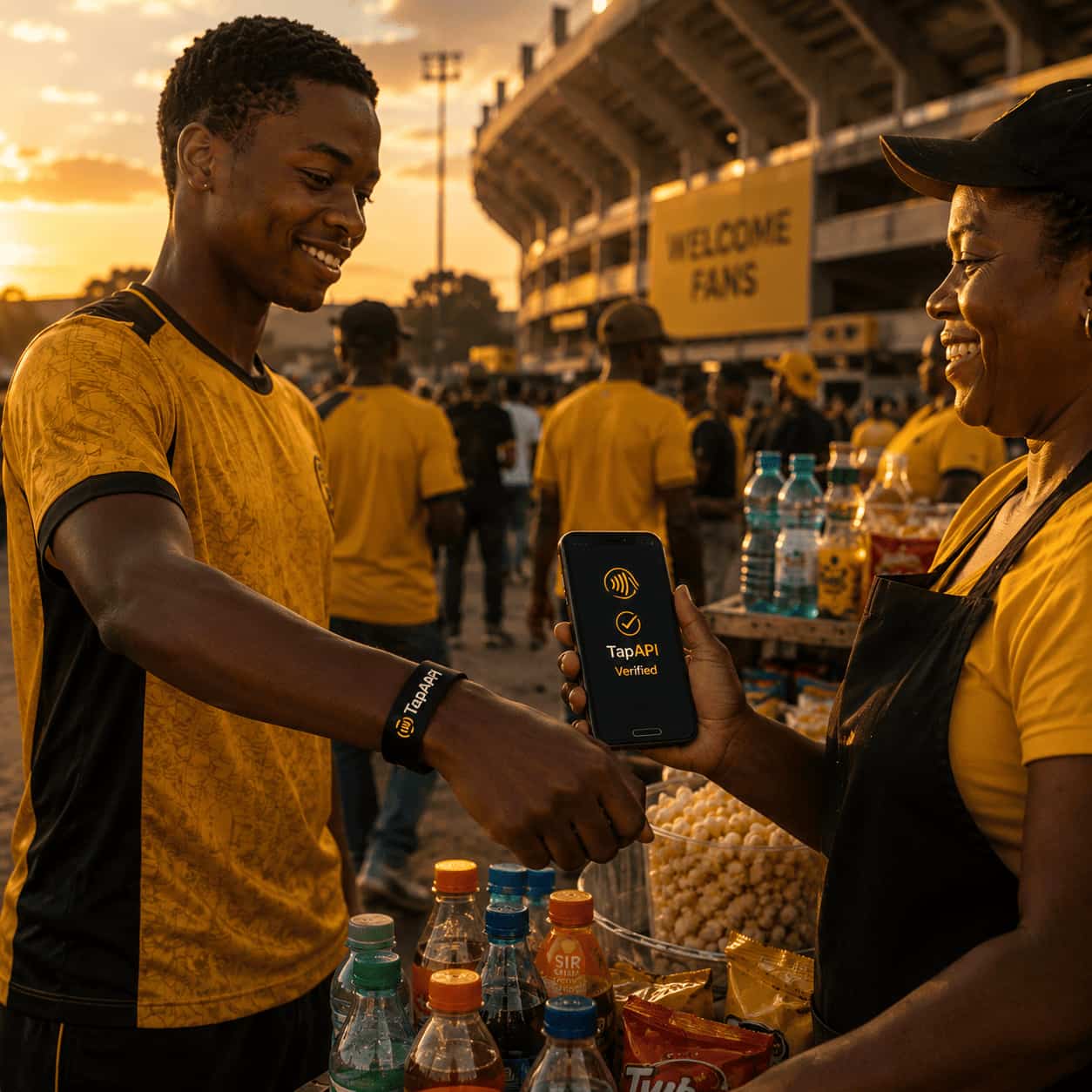 Fan paying a vendor with a TapAPI wristband outside the stadium