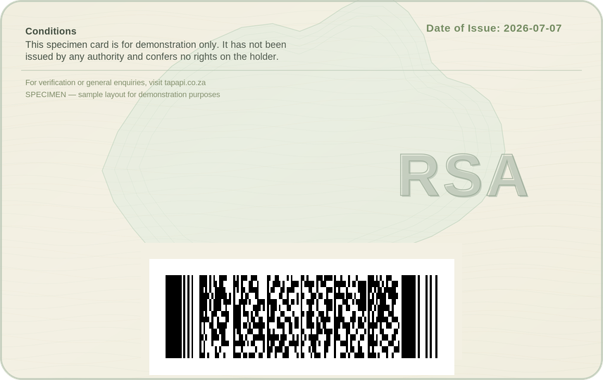 Back of your South African Smart ID card showing the barcode