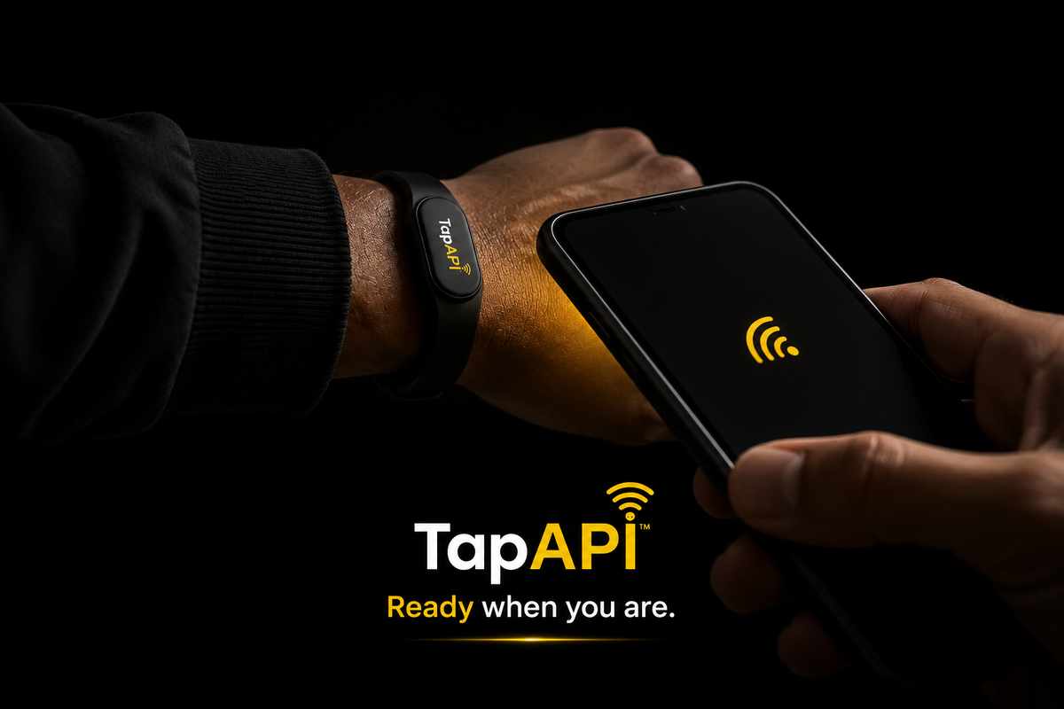 TapAPI wristband tapping a SpeedPoint phone — ready when you are