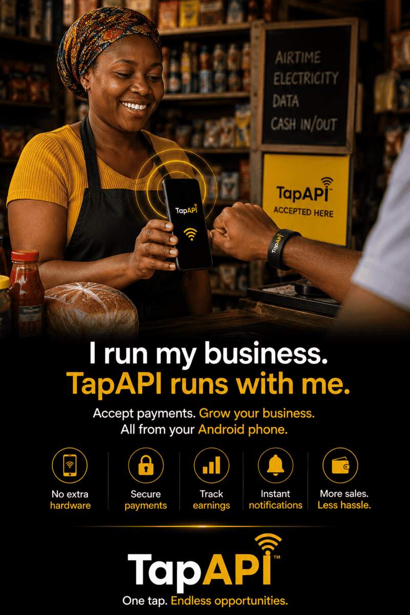 A shop owner takes a tap payment on her phone at the counter