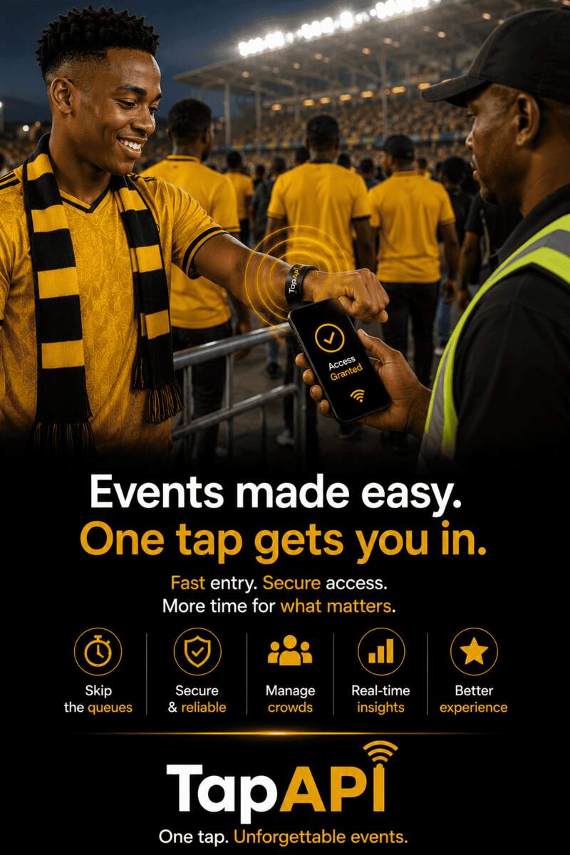 A fan taps his TapAPI wristband on a phone at a stadium gate
