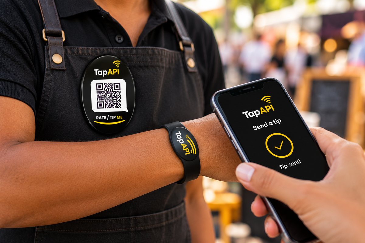 A staff member wearing a Rate / Tip Me badge with its QR code, beside a phone showing Tip sent