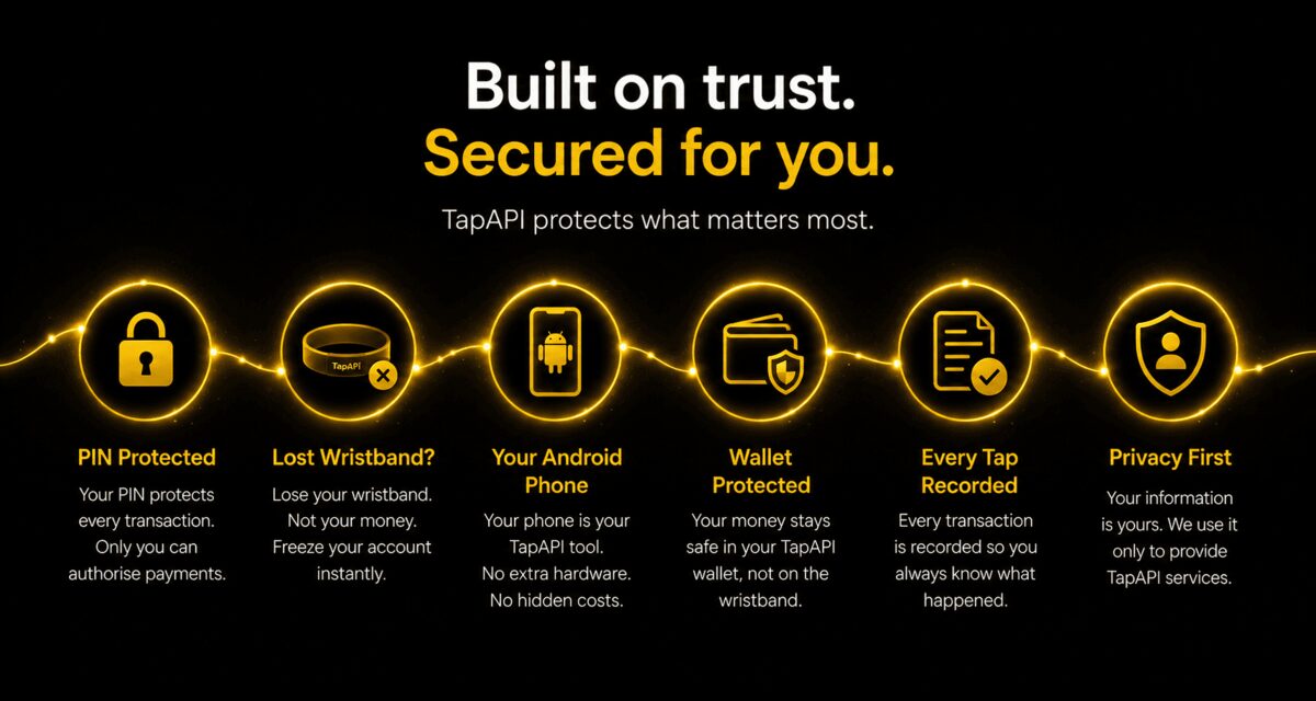 TapAPI security banner showing PIN protection, lost wristband protection, wallet protection, transaction records and privacy